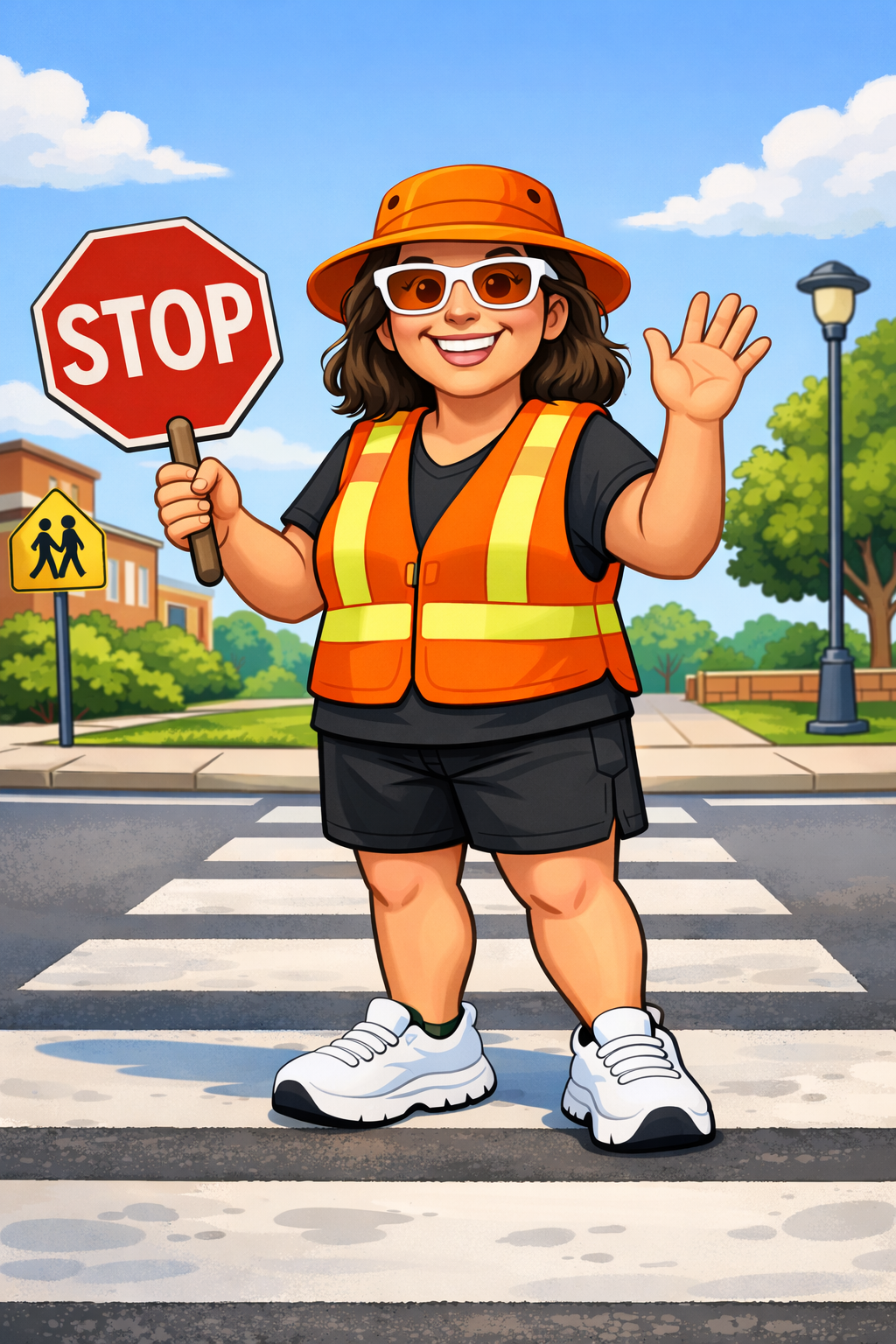 The Calvert Crossing Guard smiling and holding a stop sign